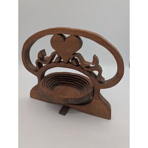 Vintage 1980s Hand Carved Wood Heart Collapsible Basket Cottagecore Fruit Bowl